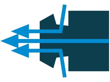 Injektorová tryska - Tryska je vybavená otvory kolmo vyvrtanými ke směru proudění a využívá tzv. Venturiho efektu. Hlavní proud vzduchu vytváří podtlak a strhává z atmosféry další vzduch, čímž posiluje proudění. Injektorová tryska výrazně snižuje náklady na spotřebu stlačeného vzduchu.